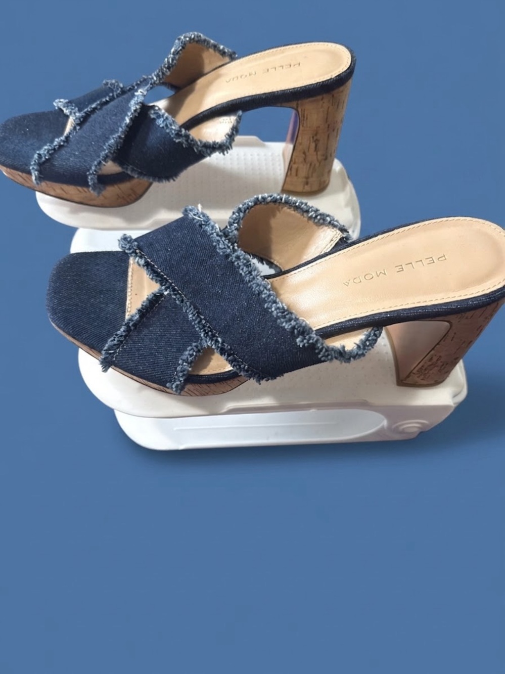 Pelle Moda Navy Frayed Denim Cork Heel Mules